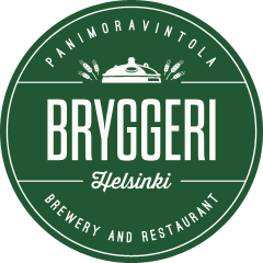Grafik: Schriftzug BRYGGERI Helsinki, Brewery and Restaurant, Panimoravintola aufgeteilt auf rundem grünen Hintergrund