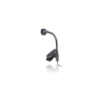 Foto: schwarze Mikrofon-Kapsel am kleinen Schwanenhals mit Klemme