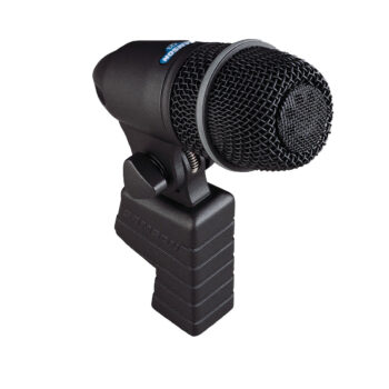 Foto: schwarzer konischer Mikrofonkörper mit schwarzem Korb über die Hälfte auf einer Halterung